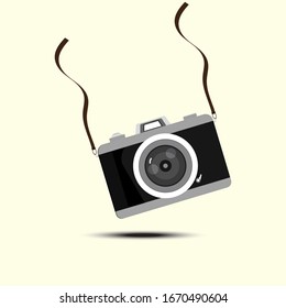 Cameras vector flat style, Retro camera in a flat style on a colored background. Old camera with strap.