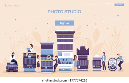 Cameras website  flyer, web banner, ui header, enter site. People character with items around сameras concept background. Grain texture and noise effect.