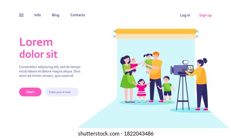 Camerawoman filming big family scene in studio. Parents and children posing for camera flat vector illustration. Operator job, shooting concept for banner, website design or landing web page