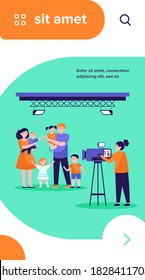 Camerawoman filming big family scene in studio. Parents and children posing for camera flat vector illustration. Operator job, shooting concept for banner, website design or landing web page