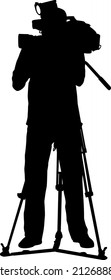 Camerawoman with video camera. Silhouettes on white background.