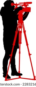 Camerawoman with video camera. Silhouettes on white background.