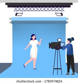 Camerawoman working with model in studio. Filming video, blue backdrop flat vector illustration. Videographer, operator job, shooting concept for banner, website design or landing web page