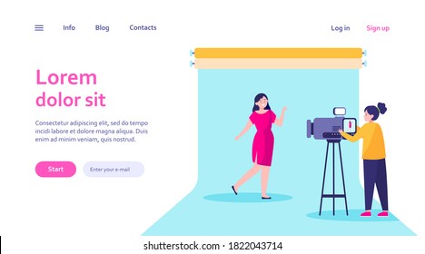 Camerawoman working with model in studio. Filming video, blue backdrop flat vector illustration. Videographer, operator job, shooting concept for banner, website design or landing web page