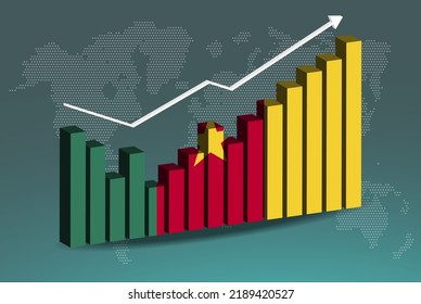 Cameroon 3D bar chart graph with ups and downs, increasing values, Cameroon country flag on 3D bar graph, upward rising arrow on data, news banner idea, developing country concept