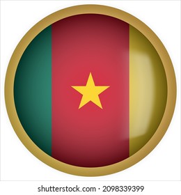 Cameroon 3D rounded Flag Button Icon with Gold Frame