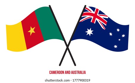 Kamerun und Australien Flaggen überquert und schwingen flatter Stil. Offizieller Anteil. Korrigieren Sie Farben.