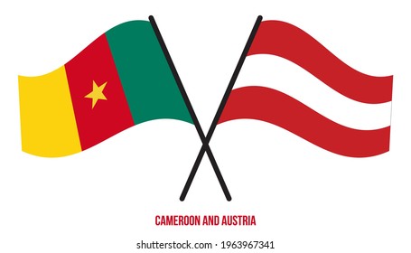 Banderas de Camerún y Austria Cruzadas y ondeadas de estilo plano. Proporción oficial. Colores correctos.