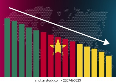 Cameroon bar chart graph, decreasing values, crisis and downgrade concept, Cameroon flag on bar graph, down arrow on data, news banner idea, fail and decrease, financial statistic