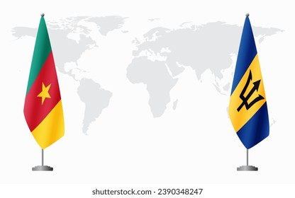 Cameroon and Barbados flags for official meeting against background of world map.