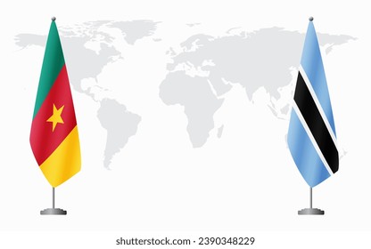 Banderas de Camerún y Botswana para una reunión oficial en el fondo del mapa mundial.