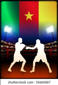Evento de boxeo en Camerún con fondo de estadio e iluminación original de bandera