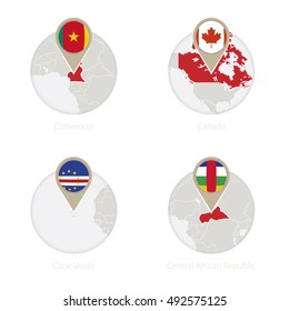 Cameroon, Canada, Cape Verde, Central African Republic map and flag in circle. Vector Illustration.