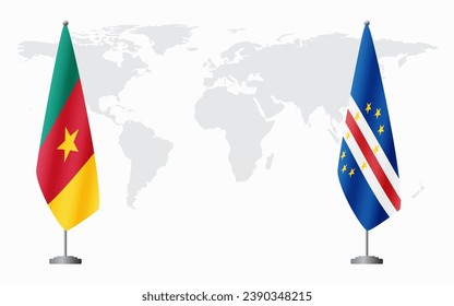 Cameroon and Cape Verde flags for official meeting against background of world map.