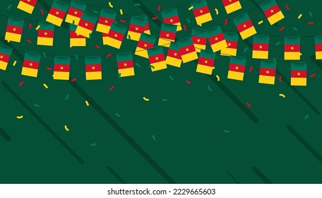 Cameroon celebration bunting flags with confetti and ribbons on green background. vector illustration.