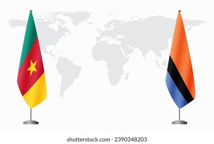 Cameroon and Chagos Islands flags for official meeting against background of world map.