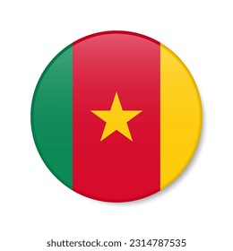 Cameroon circle button icon. Cameroonian round badge flag with shadow. 3D realistic vector illustration isolated on white.
