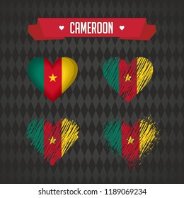 Cameroon. Collection of four vector hearts with flag. Heart silhouette