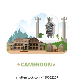 Cameroon country design template. Flat cartoon style historic sight web vector illustration. World vacation travel Africa African collection. Palace Sultan Bamun Musgum Mud Huts Statue Chief Banca.