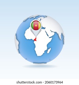 Cameroon - country map and flag located on globe, world map. 3D Vector illustration