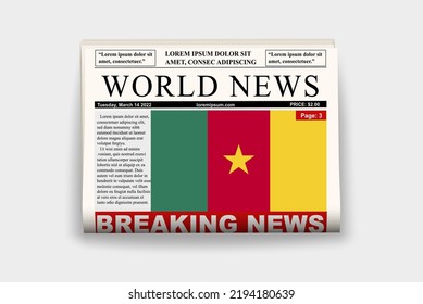 Cameroon country newspaper with flag, breaking news on newsletter, Cameroon news concept, gazette page with headline, journal with country flag, reading newspaper, streamer headline