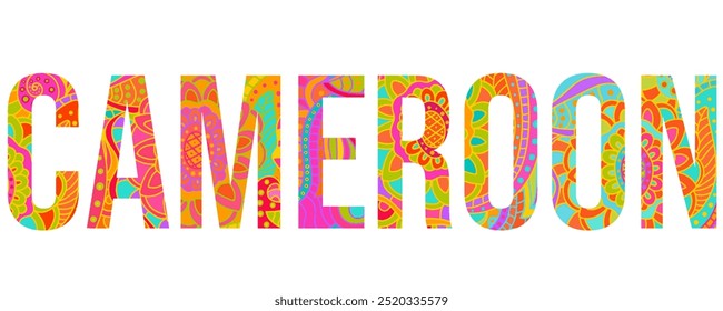 Cameroon creative country name text design filled with colorful doodle pattern	