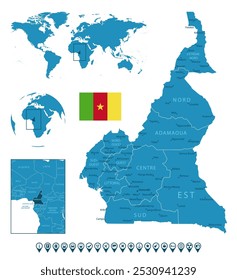 Camarões - detalhado mapa azul do país com cidades, regiões, localização no mapa do mundo e globo. Ícones infográficos. Ilustração vetorial