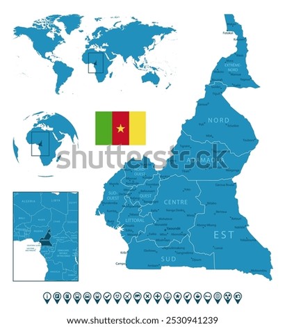 Cameroon - detailed blue country map with cities, regions, location on world map and globe. Infographic icons. Vector illustration
