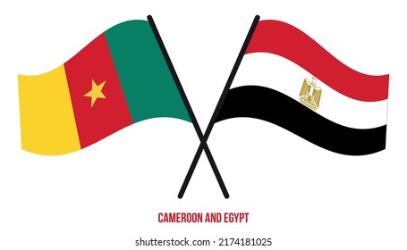 Banderas de Camerún y Egipto cruzan y ondean al estilo plano. Proporción oficial. Colores correctos.