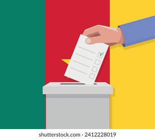 Wahlkonzept Kameruns. Hand legt Wahlzettel in die Abstimmungsbox.