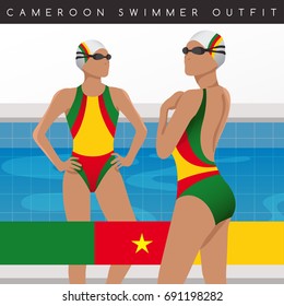 Cameroon : Female Swimmers : Swimmers in National Swimsuits : Vector Illustration