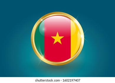 Cameroon Flag in 3D circle frame, can be used for independence day or any other events. gold glossy badge. vector illustration. EPS 10.
