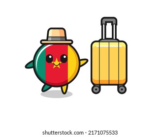 cameroon flag badge cartoon illustration with luggage on vacation , cute style design for t shirt, sticker, logo element