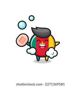 cameroon flag badge character is bathing while holding soap , cute style design for t shirt, sticker, logo element