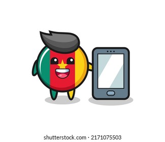 cameroon flag badge illustration cartoon holding a smartphone , cute style design for t shirt, sticker, logo element