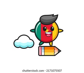 cameroon flag badge mascot illustration riding on a giant pencil , cute style design for t shirt, sticker, logo element