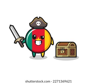 the cameroon flag badge pirate character holding sword beside a treasure box , cute style design for t shirt, sticker, logo element