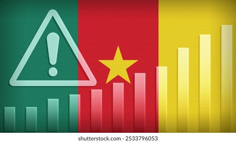 Cameroon flag with burlap texture, warning sign, and rising bar chart symbolizing increasing risk or growth challenges in the country. Ideal for data presentations.