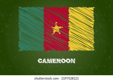 Bandera de Camerún con efecto tiza sobre pizarra verde, concepto de bandera del país dibujante a mano, pizarra verde con la bandera de Camerún, textura de tiza, bandera para los niños, material de clase