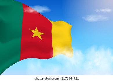 Cameroon flag in the clouds. Vector flag waving in the sky. National day realistic flag illustration. Blue sky vector.