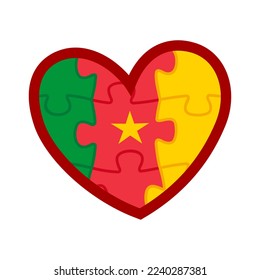 Cameroon flag colors - icon. Colored puzzle pieces. Symbol of love. Heart isolated on white background - logo. Vector design emblem.