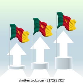 Cameroon flag. The country is in an uptrend. Waving flagpole in modern pastel colors. Flag drawing, shading for easy editing. Banner template design.