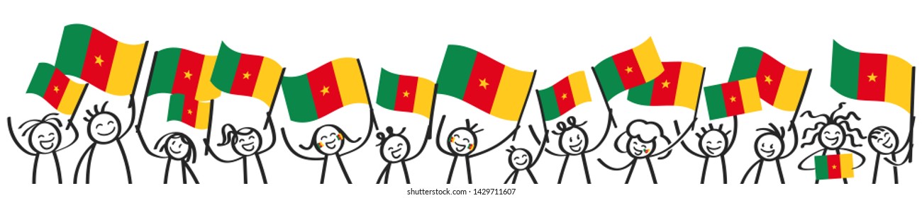 Cameroon flag, crowd of stick figures with Cameroonian national flags banner