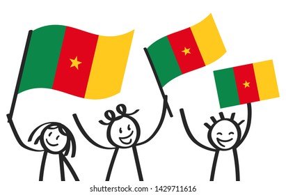 Cameroon flag, crowd of stick figures with Cameroonian national flags