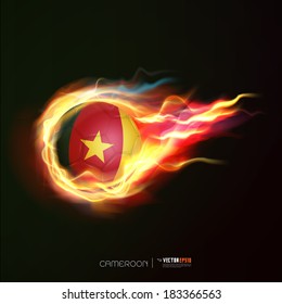 Cameroon flag with flying soccer ball on fire isolated black background, vector illustration