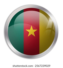 Cameroon flag - glossy circle button displays a colorful flag representing a country cultural identity and heritage. The essence of national pride and unity.