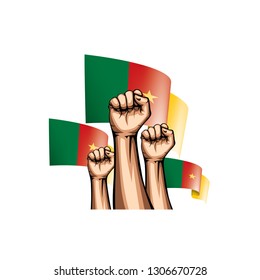 Cameroon flag and hand on white background. Vector illustration