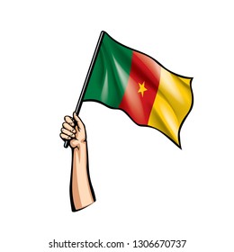 Cameroon flag and hand on white background. Vector illustration
