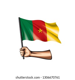Cameroon flag and hand on white background. Vector illustration