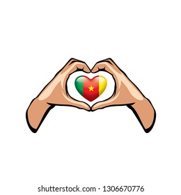 Cameroon flag and hand on white background. Vector illustration